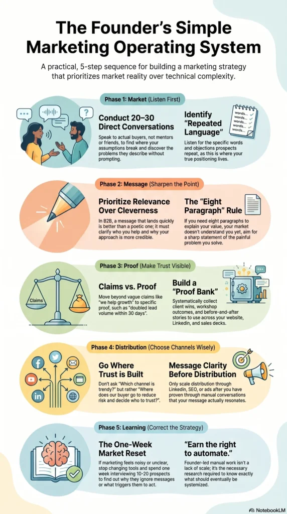 Marketing strategy for founders framework: market, message, proof, distribution, learning